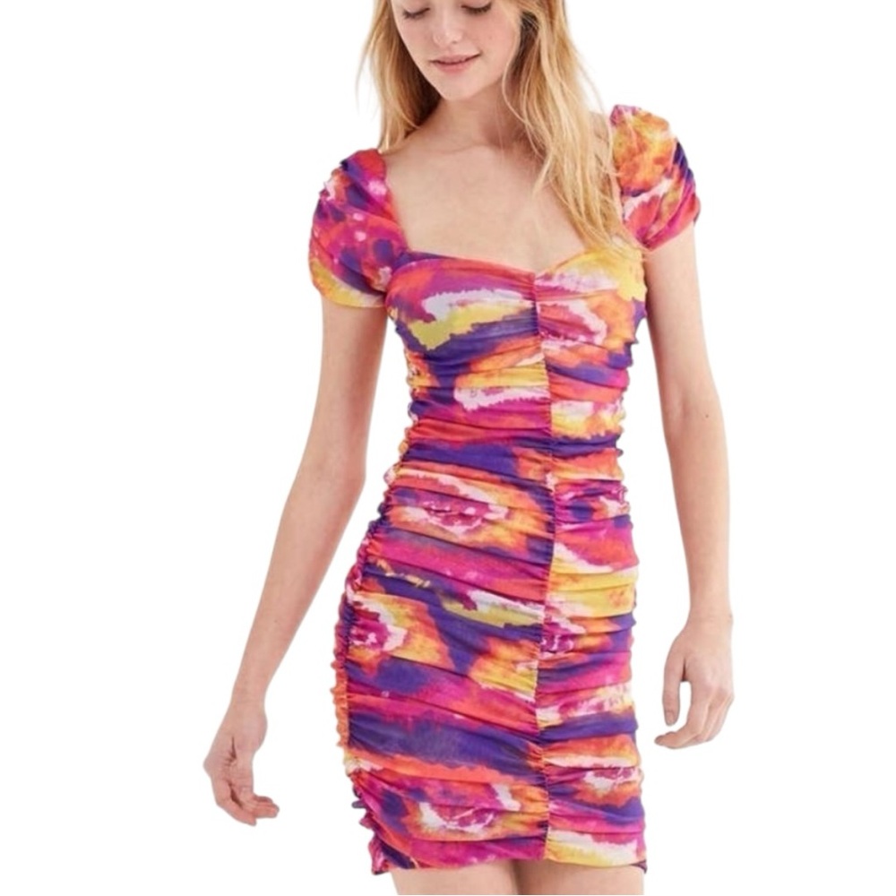 Urban Outfitters UO Tie Dye Rouched Mini Dress Puff Sleeves New Size S